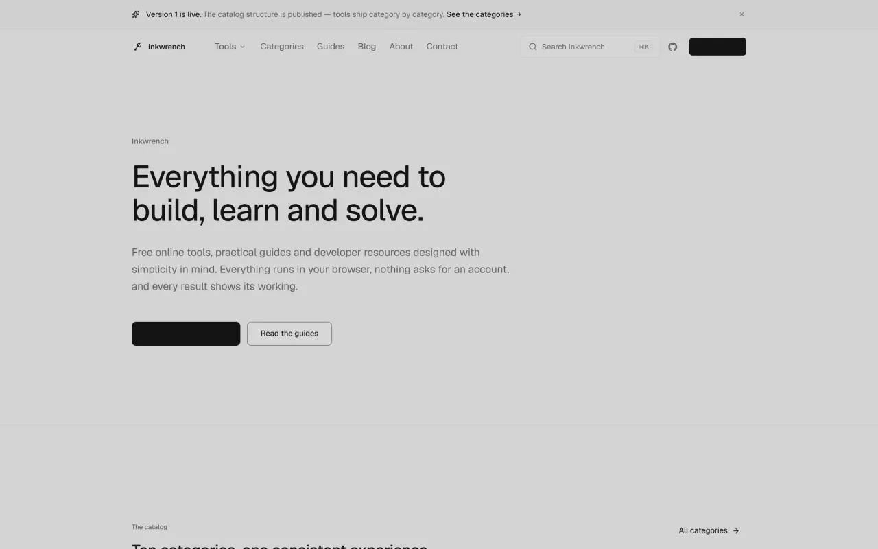 The Inkwrench home page: a banner announcing that version one is live and that tools ship category by category, over a large statement headline and the opening of the category catalogue.