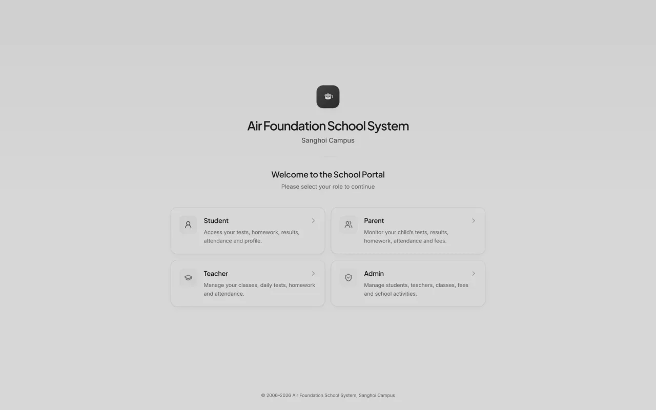 The Air Foundation School System entry screen, offering four routes into the portal — student, parent, teacher and administrator — each with a one-line description of what that role can do.